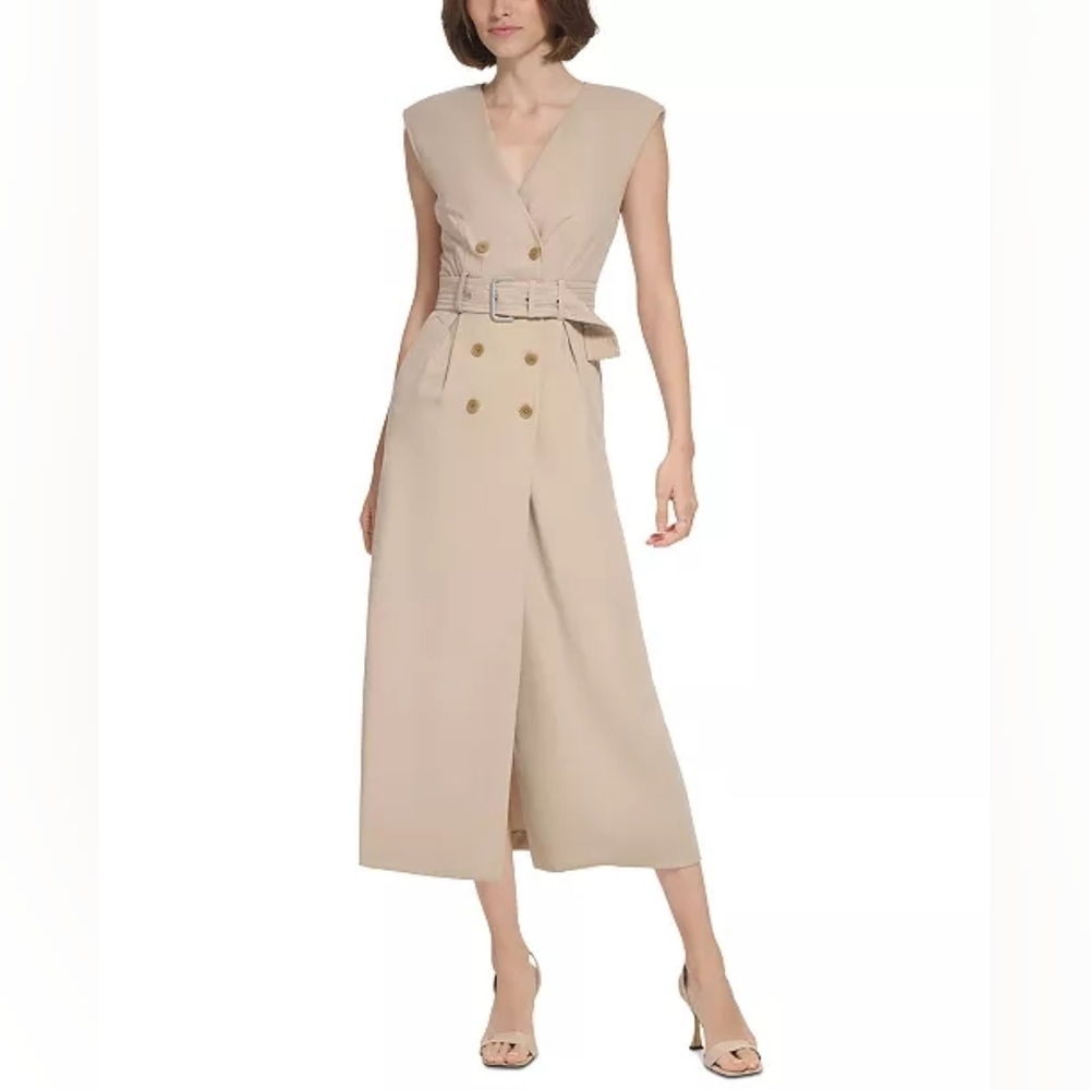 Calvin Klein Padded-Shoulder Trench Maxi Dress, Size 6